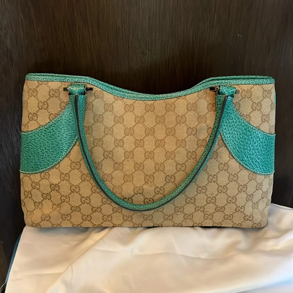 Gucci vintage green teal trim monogram canvas Abbey bag & Gucci dust bag - Picture 2 of 16